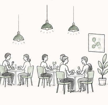 Sketch of guests happily seated at their tables